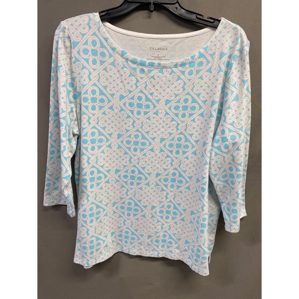 Talbots Womens XL 3/4 Sleeve Boat Neck Top Blue White Rope Knot Print Cotton